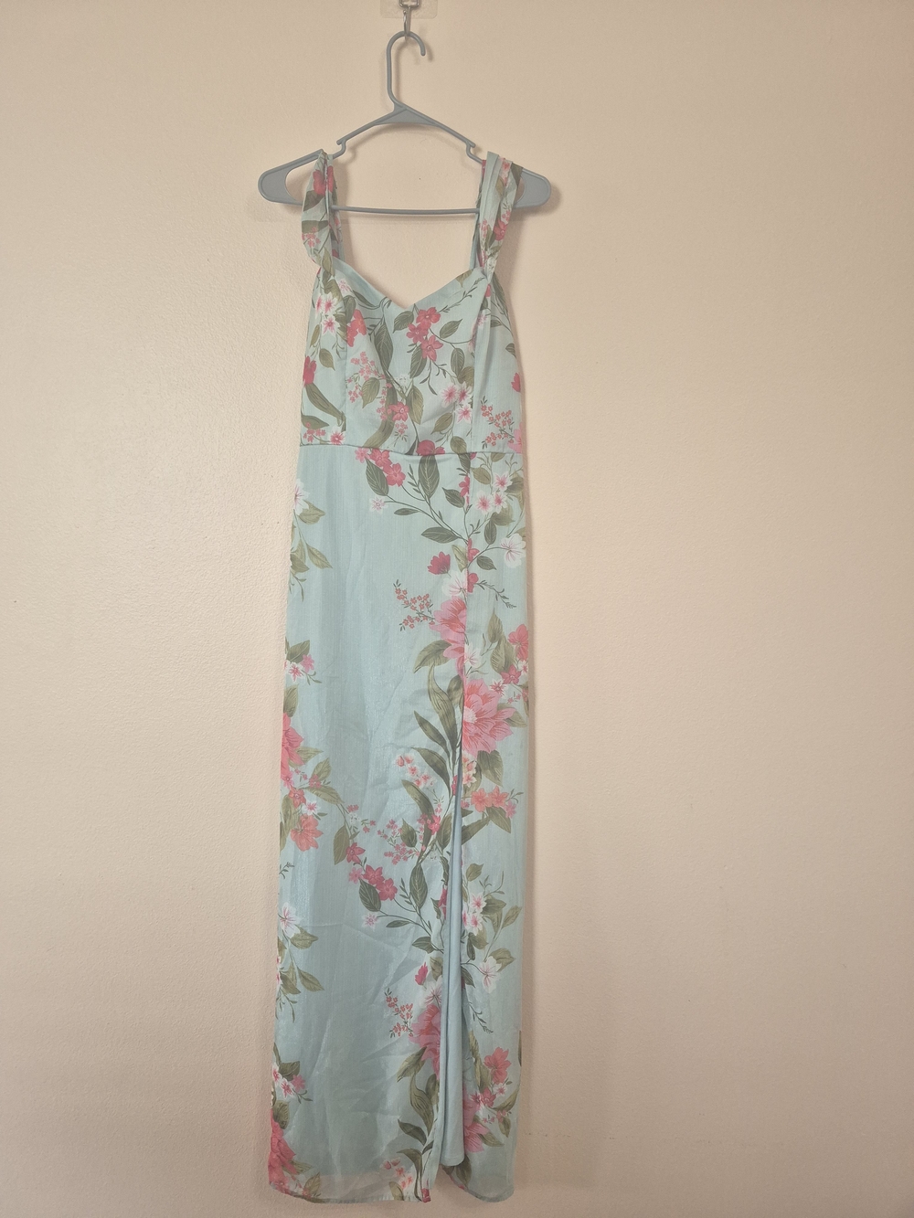 Crystal Doll Mint Blue Maxi Dress with Pink Floral Print